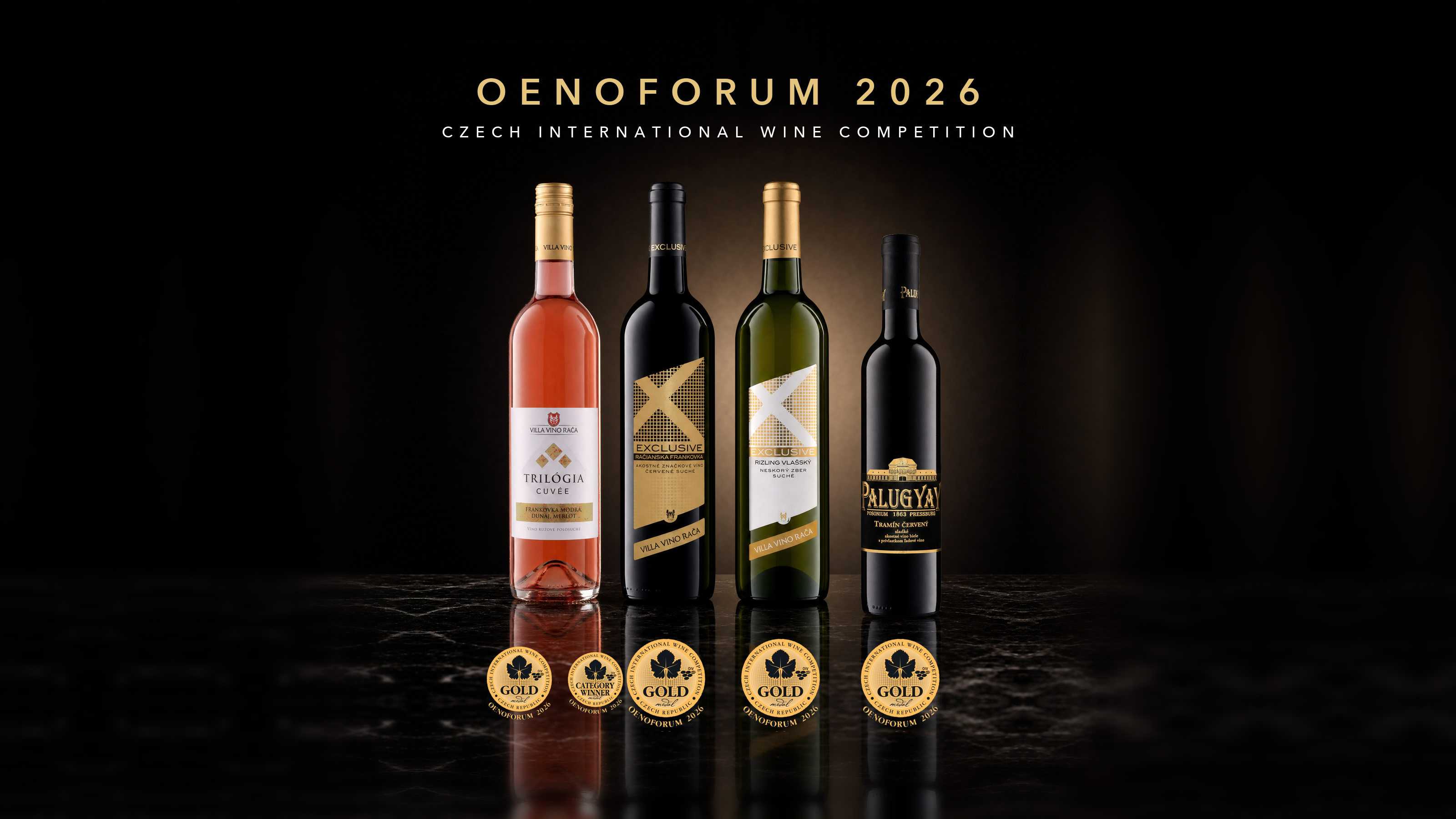 Štyri zlaté medaily z Oenofora 2026: Trilógia Cuvée rosé, Račianska frankovka, Rizling vlašský a Tramín červený