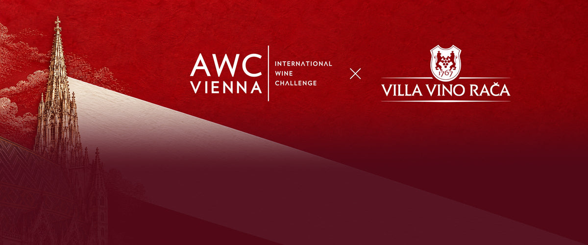 Logá AWC Vienna a Villa Vino Rača s ilustráciou Dómu svätého Štefana vo Viedni.