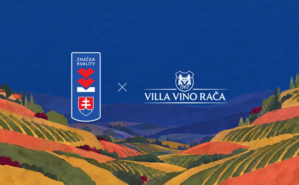 Logá Značky kvality 2. stupňa a Villa Vino Rača na farebnej ilustrácii vinohradov.