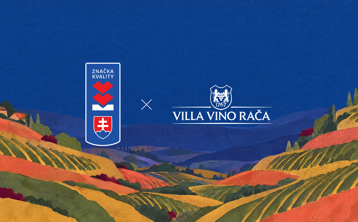 Logá Značky kvality 2. stupňa a Villa Vino Rača na farebnej ilustrácii vinohradov.