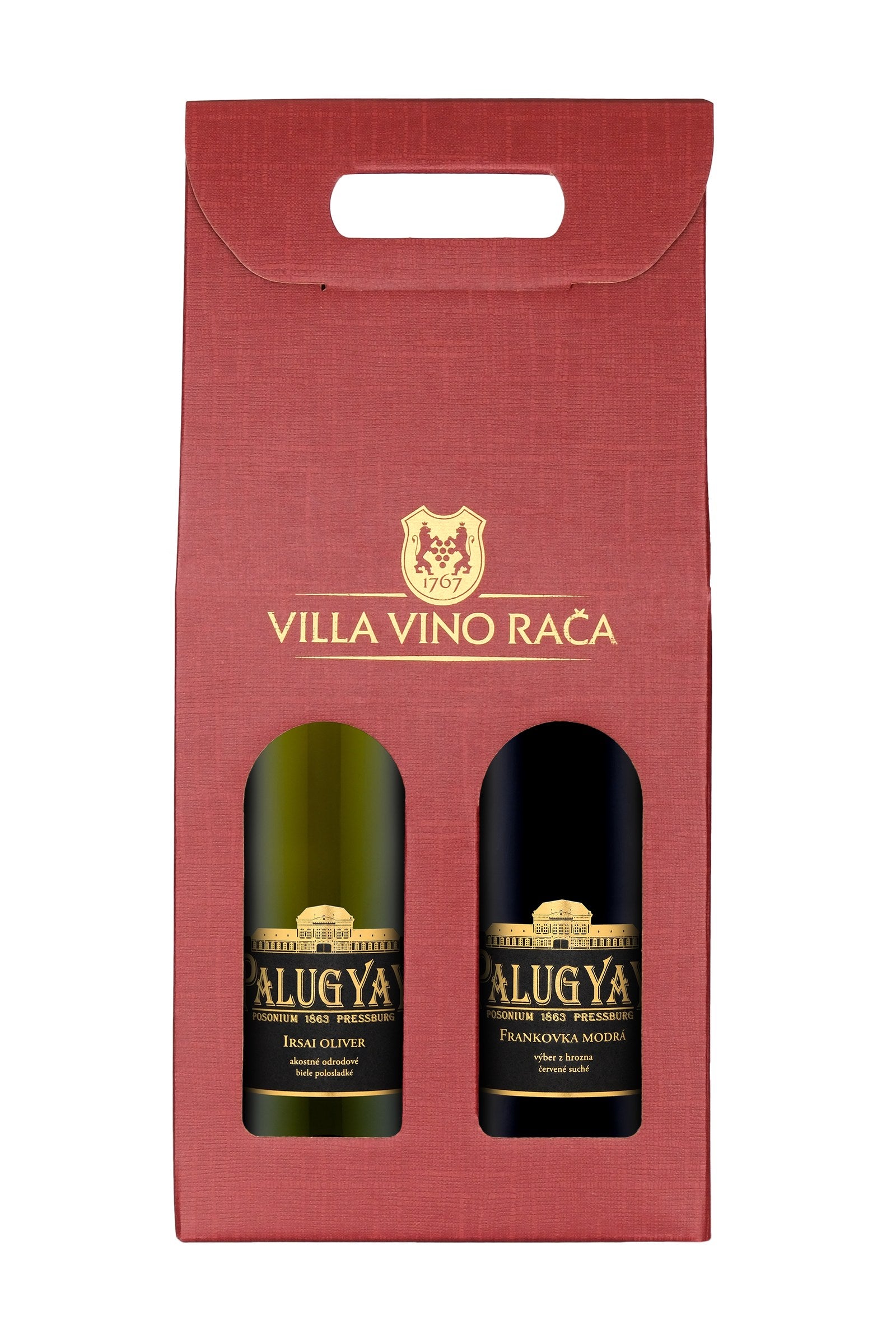 Irsai Oliver an Frankovka Modrá 0.75l darčekové balenie červené Palugyay