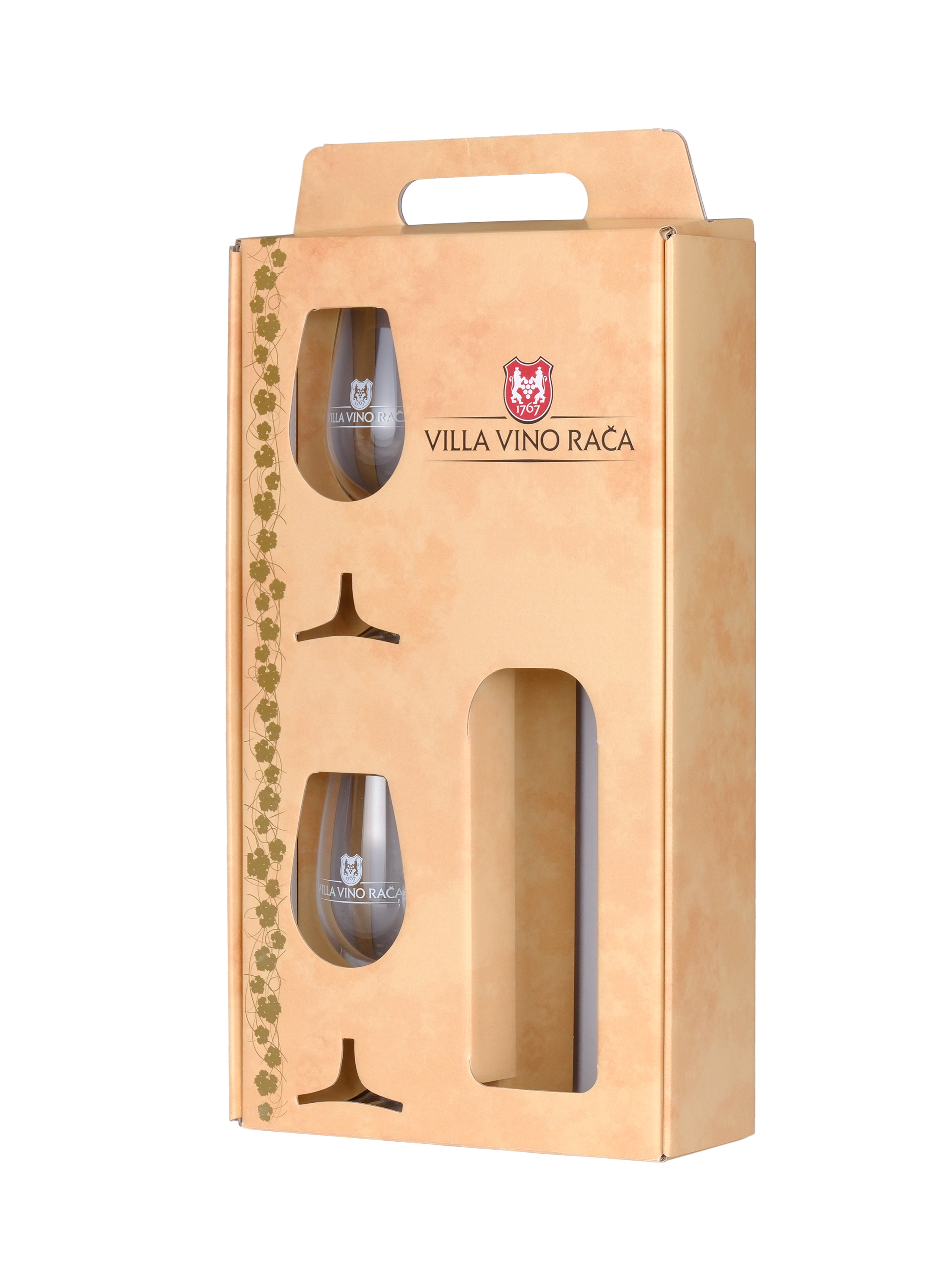 Darčekový nosič na 1 fľašu vína s obj. 0,75 l + 2 poháre s logom VVR
