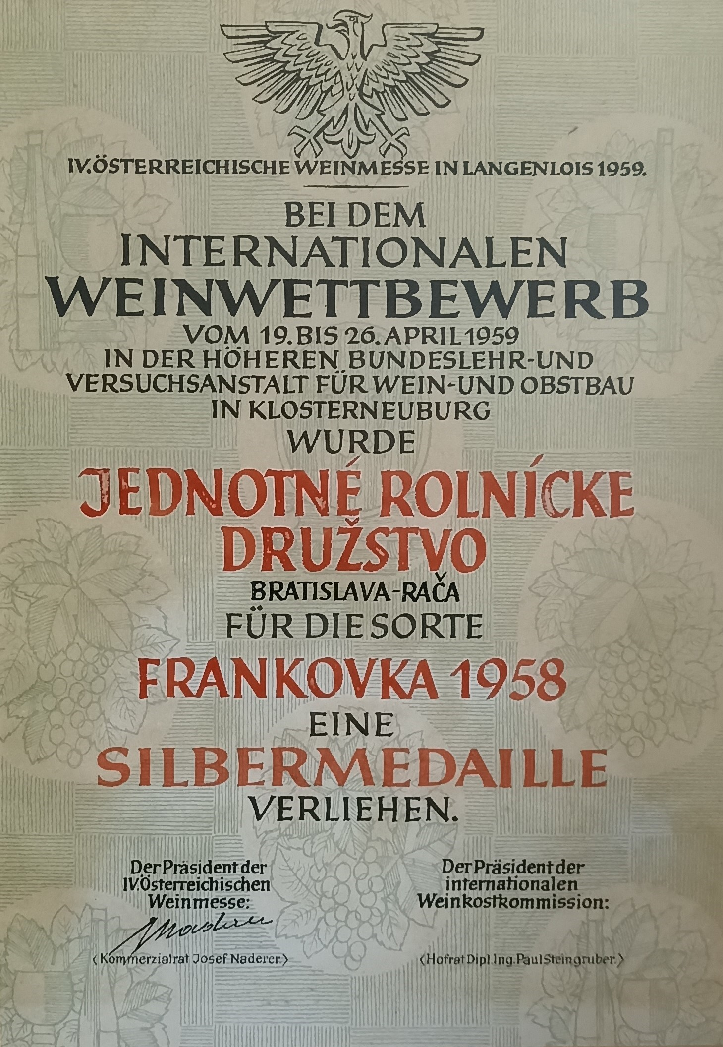 Historický diplom strieborná medaila za víno